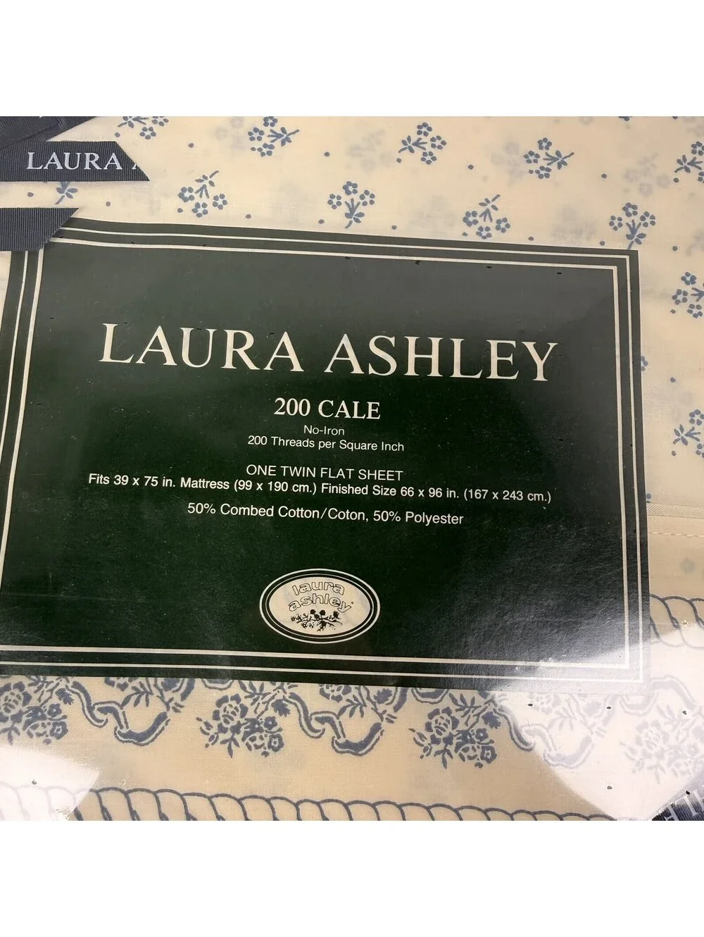 NOS Vintage Laura Ashley Burlington Kensington Blue  200 Cale Twin Flat No Iron